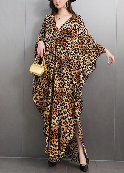 Italian Leopard V Neck Side Open Maxi Dress Batwing Sleeve Fall