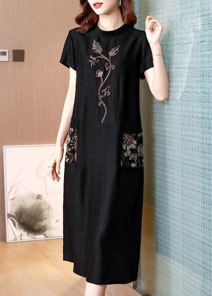 Black Stand Collar Embroideried Pockets Silk Dresses Summer