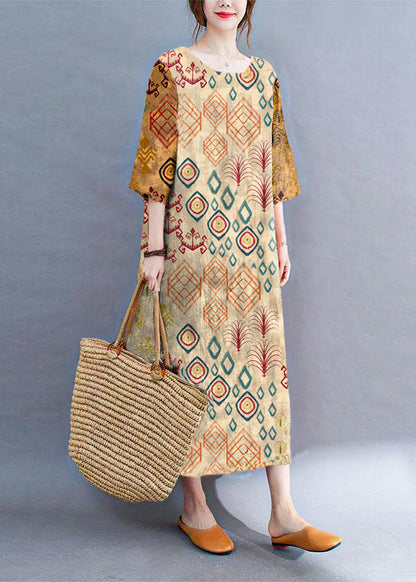 Purple Block Loose O-neck Print Summer Side Open Dress Half Sleeve