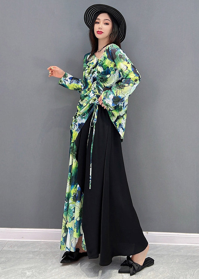 Natural Green V Neck Print Top and Maxi Skirts Two Pieces Set Summer