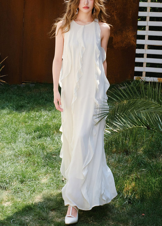 Italian White O Neck Ruffled Cotton Long Dresses Sleeveless