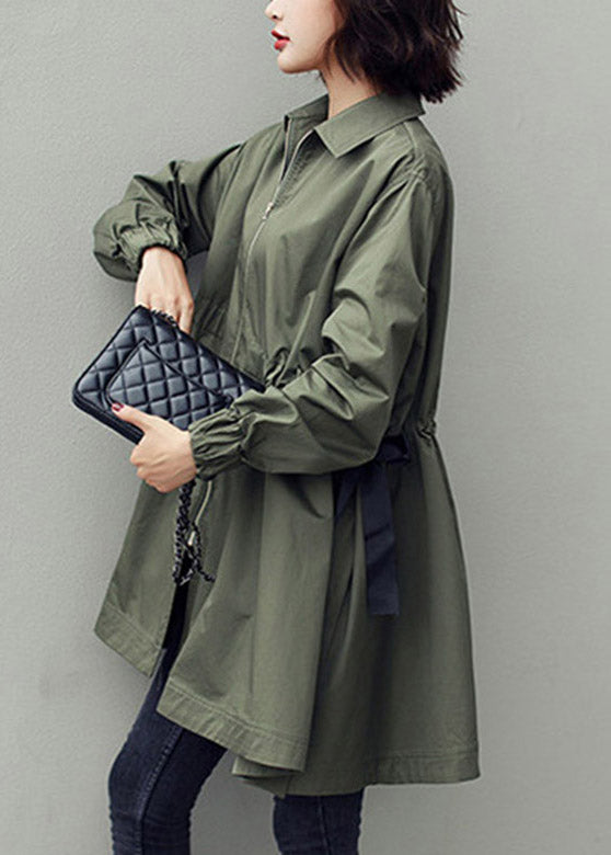 Army Green Peter Pan Collar Zippered Drawstring Cotton Long Trench Coats Spring