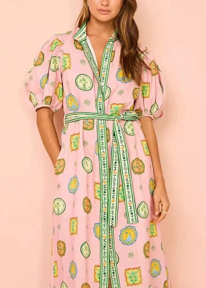 Pink Print Tie Waist Cotton Blouses Dresses Half Sleeve