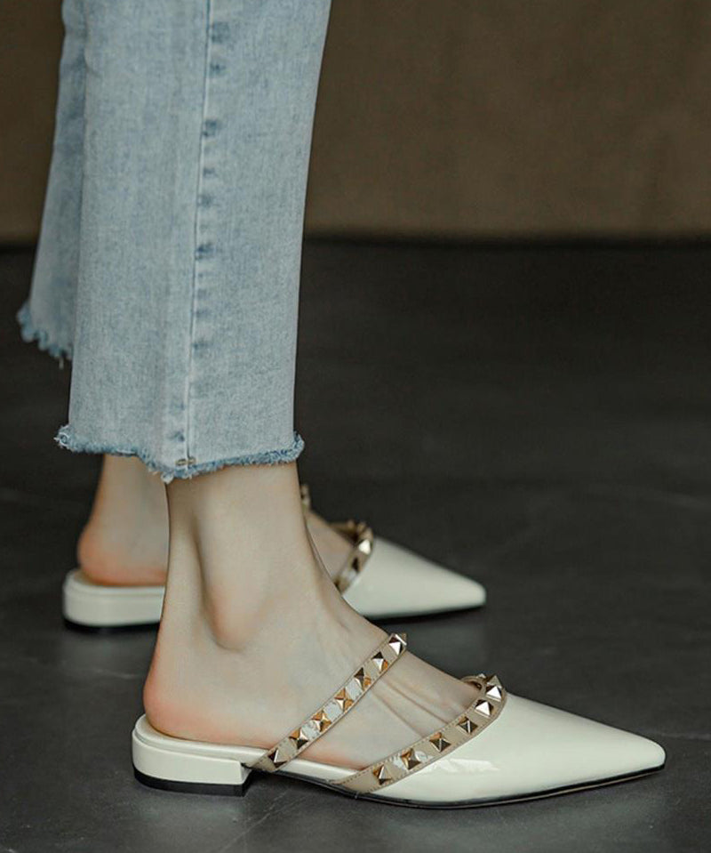 White Rivet Pointed Toe Cowhide Leather Slide Sandals
