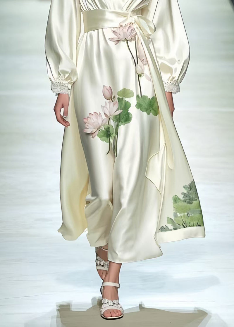 Milk White Tunic Lotus Flower Print Silk Dresses Spring