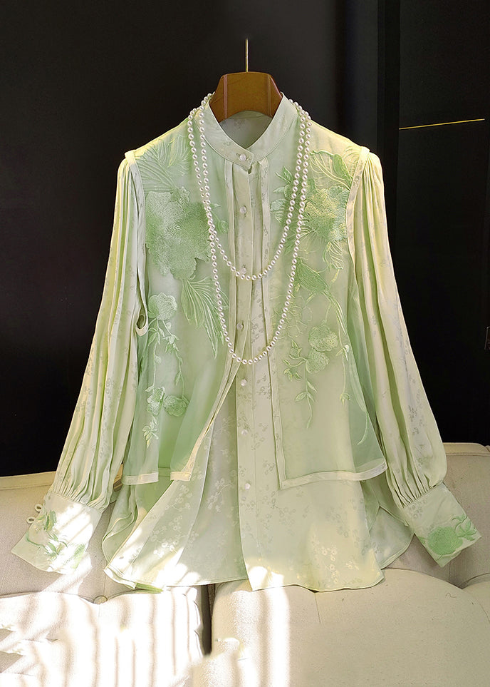 Orange Embroideried Patchwork False Two Pieces Silk Cotton Blouse Fall