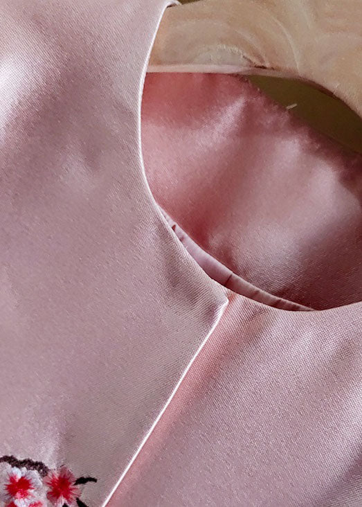 Fine Pink O-neck Embroideried Patchwork Silk Coat Spring