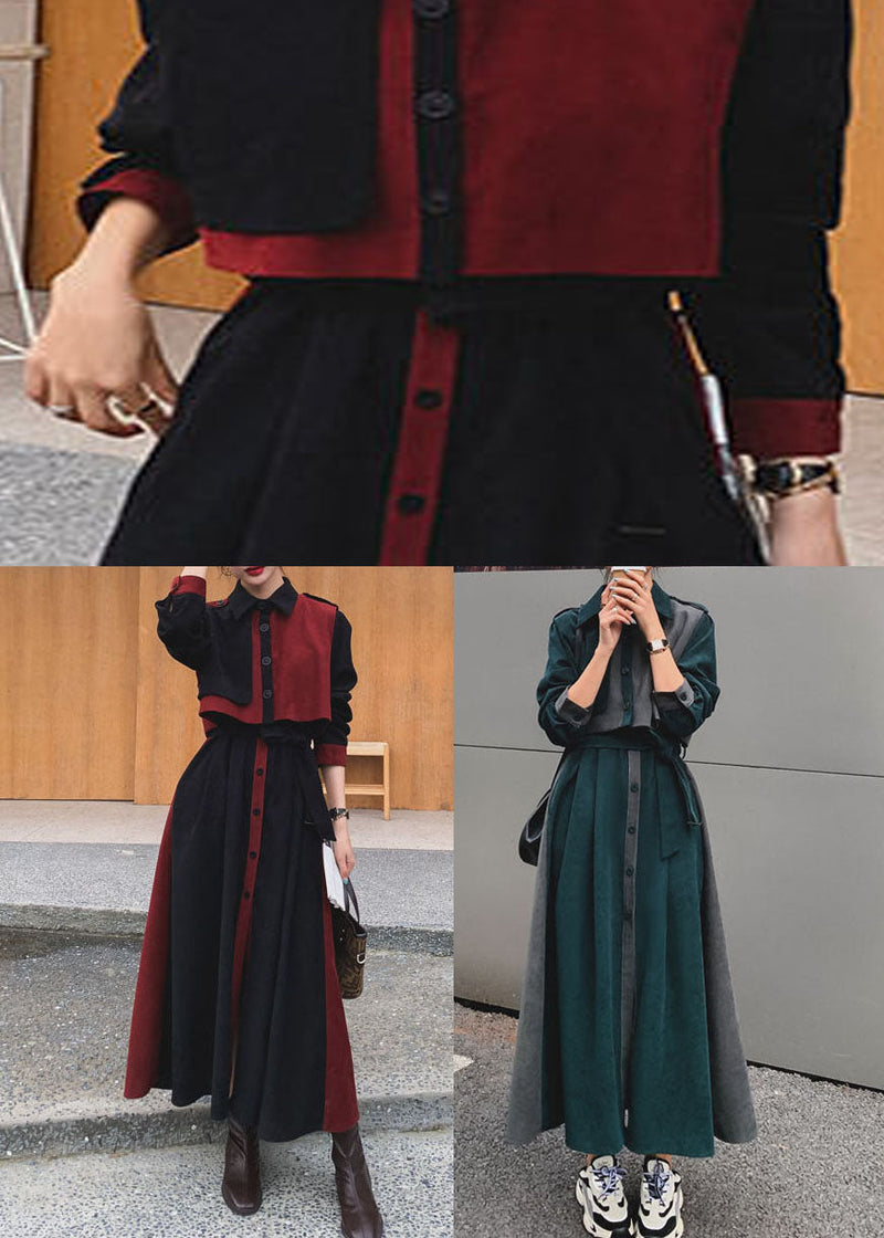 Black Peter Pan Collar Patchwork Velour Sets 2 Pieces Fall