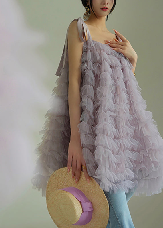 Purple Slash Neck Tulle Mid Spaghetti Strap Dress Sleeveless