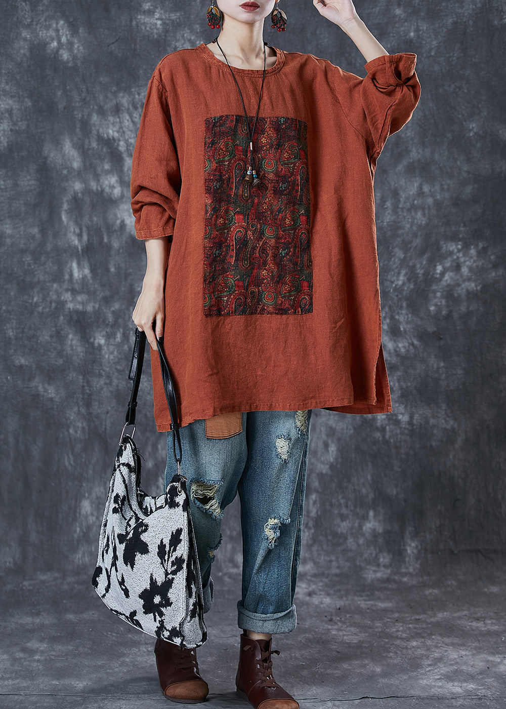 Orange Oversized Print Linen Sweatshirt Fall
