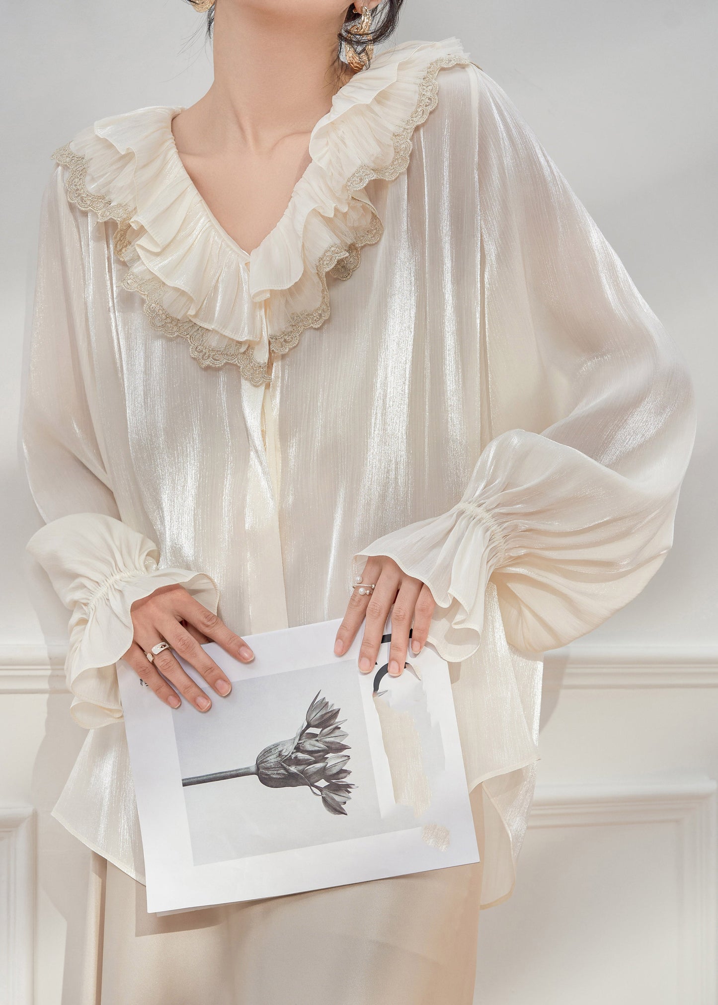 White V Neck Ruffled Shirts Spring