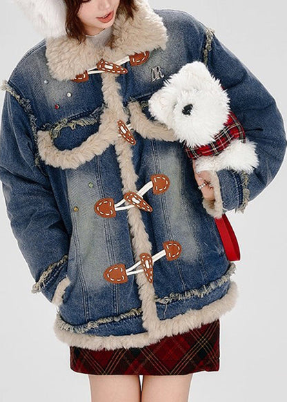 Blue Fuzzy Fur Patchwork Fine Cotton Filled Denim Coat Winter