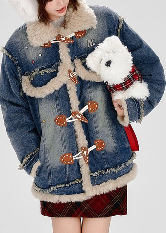 Blue Fuzzy Fur Patchwork Fine Cotton Filled Denim Coat Winter