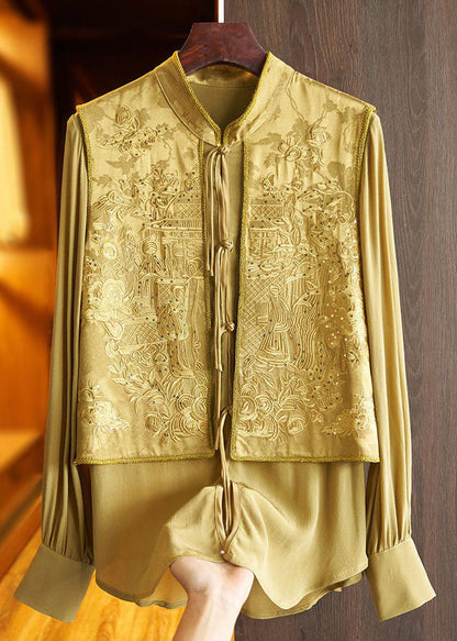 Green Tasseled Jacquard Patchwork Silk Shirt Top Spring