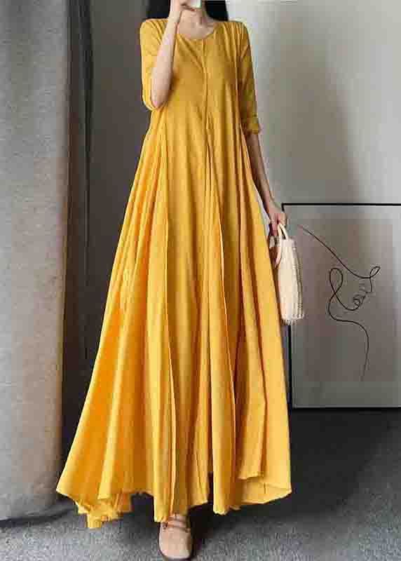 New Yellow O Neck Wrinkled Patchwork Cotton Exra Large Hem Dress Fall