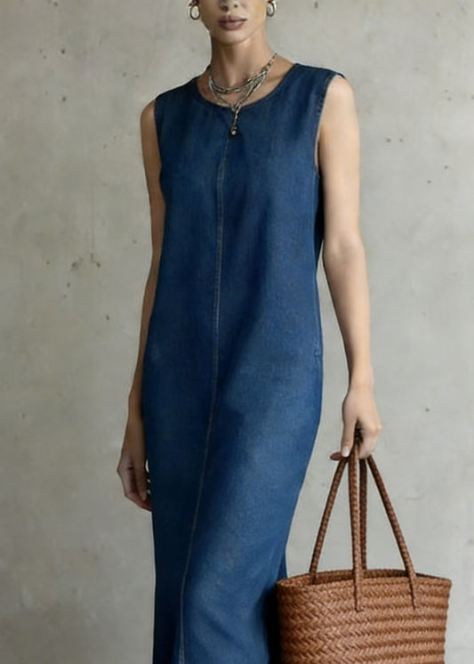 Denim Blue O-neck Patchwork Long Dress Summe