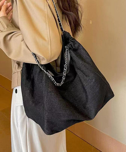 Navy Chain Linked Large Capacity Denim Satchel Handbag