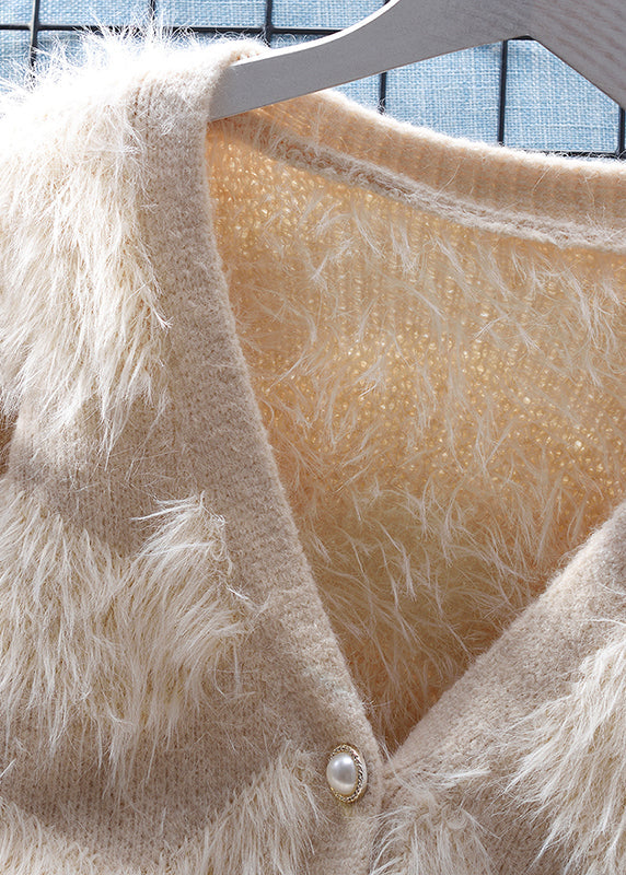 Khaki Patchwork Mink Hair Knitted Cardigan V Neck Button Spring