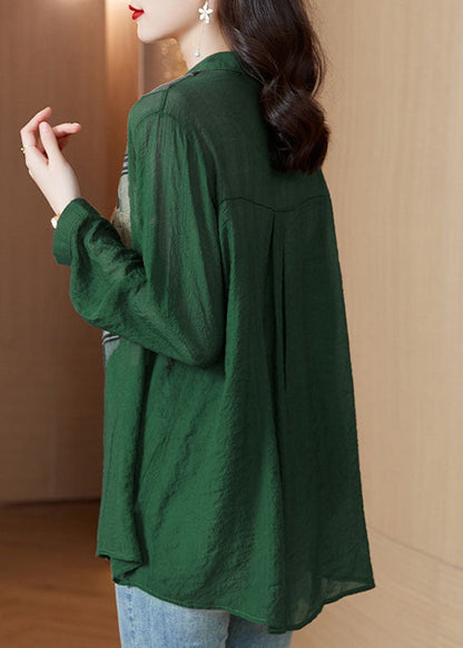 Green Peter Pan Collar Print Patchwork Cotton Blouses Long Sleeve