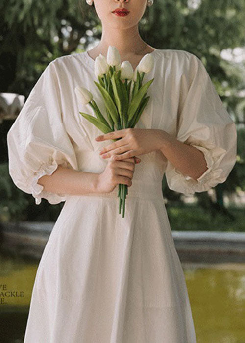White V Neck Lantern Sleeve Ruffles Maxi Dresses