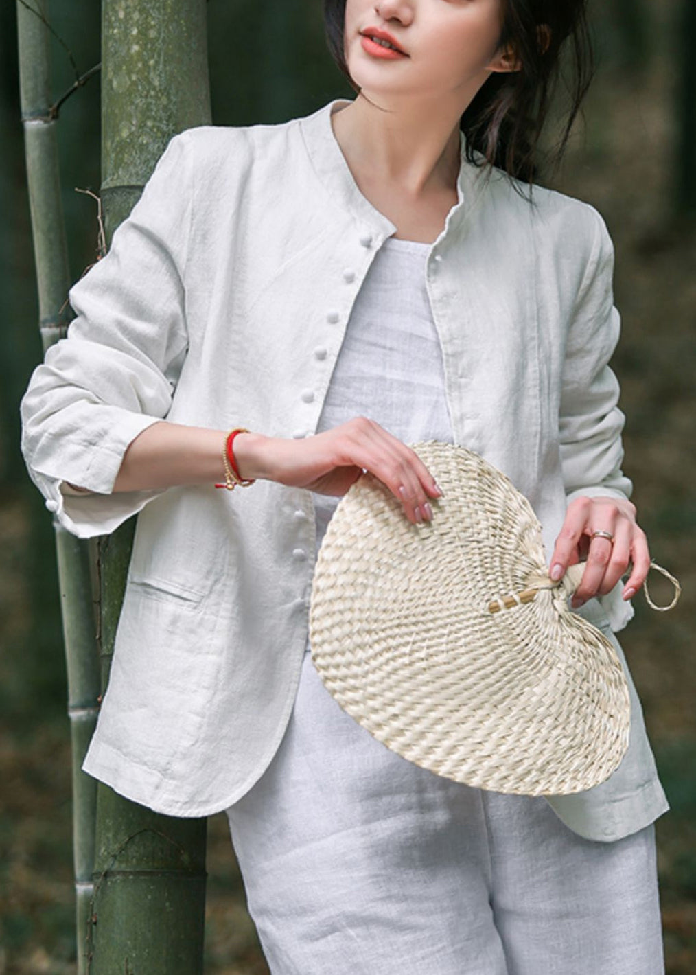 White O-neck Button Coats Long Sleeve