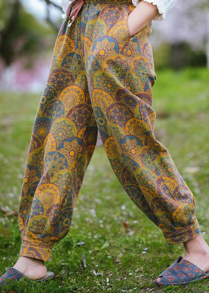 Yellow Pockets Print Cotton Lantern Pants Spring