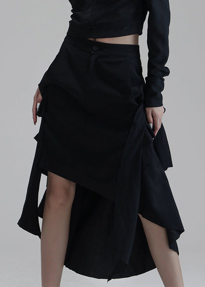 Black Asymmetrical Pockets High Waist Cotton Skirts Spring