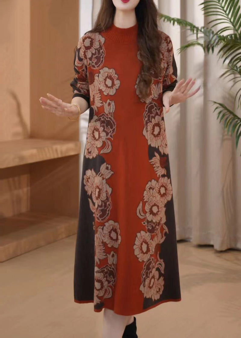 Orange O Neck Print Cozy Long Knit Dress Winter