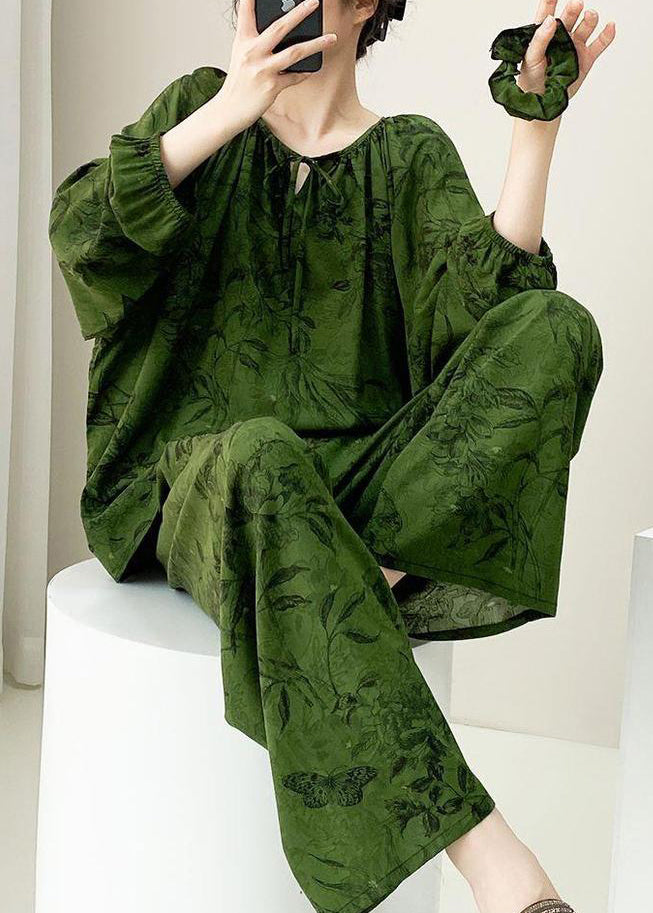Green Print Lace Up Cotton Pajamas Two Pieces Set Fall