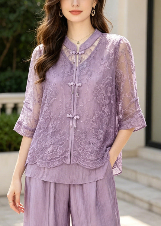 Purple Embroidered Patchwork Lace Two-piece Set Summer