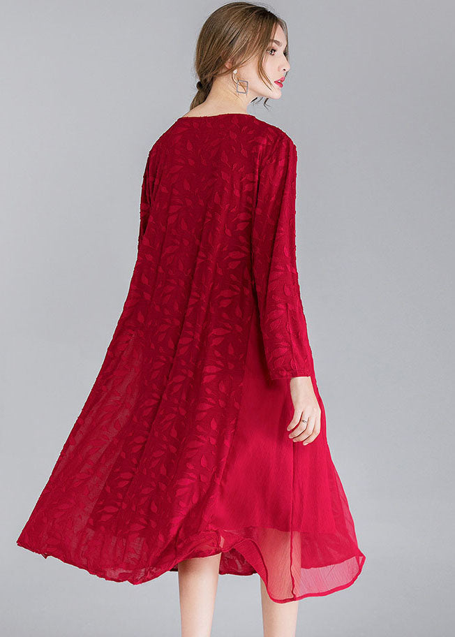 Style Mulberry O-neck Patchwork Chiffon Holiday Dress Long Sleeve