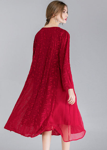 Style Mulberry O-neck Patchwork Chiffon Holiday Dress Long Sleeve