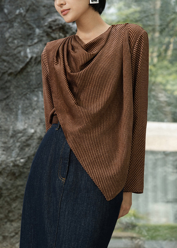 Original Design Brown O-neck Striped Cotton Blouse Fall