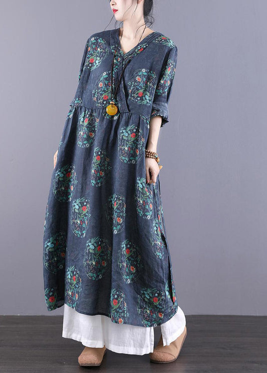 Navy V Neck Print Patchwork Wrinkled Dress Long Sleeve