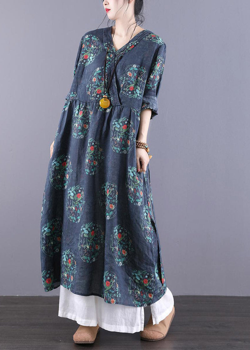 Navy V Neck Print Patchwork Wrinkled Dress Long Sleeve