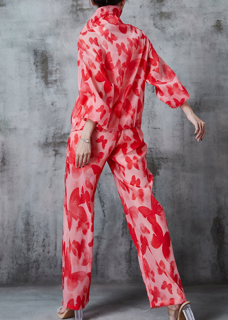 Red Butterfly Drawstring Tulle Upf 50+ Two Pieces Set Summer