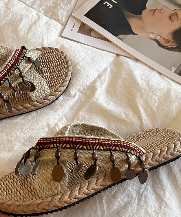 Knit Fabric Splicing Tassel Peep Toe Slide Sandals