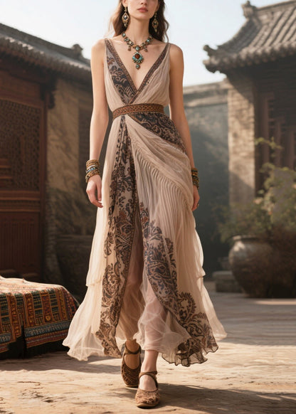 Apricot V Neck Print Chiffon Cami Dress Summer