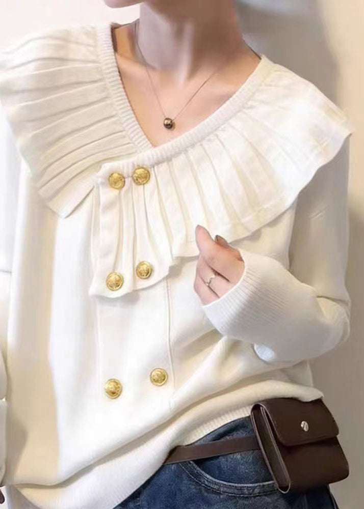 White V Neck Cotton Knit Sweater Spring