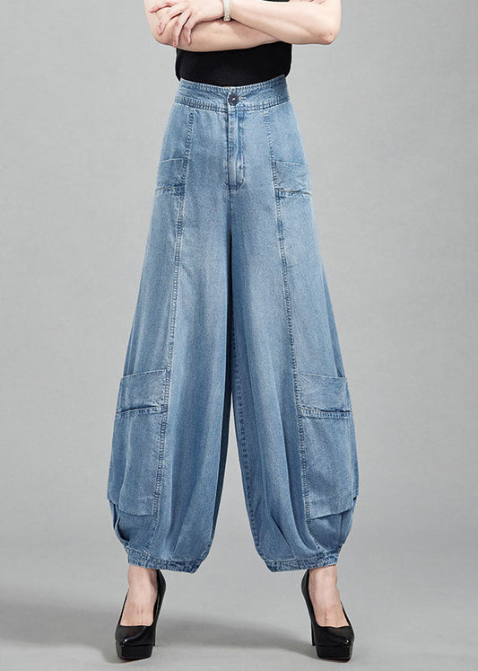 Light Blue High Waist Pockets Cotton Denim Lantern Pants Summer