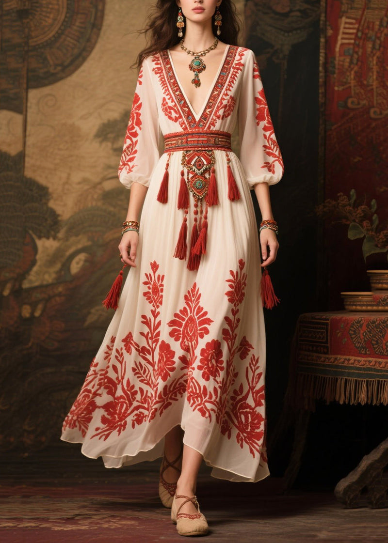 Red Tasseled Print Chiffon Dress Lantern Sleeve