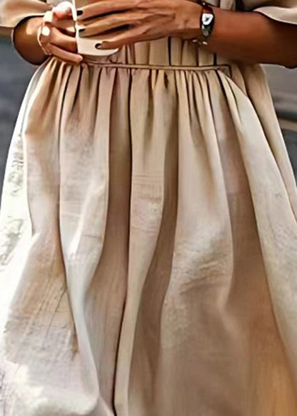 Beige O Neck Wrinkled Patchwork Linen Dress Summer