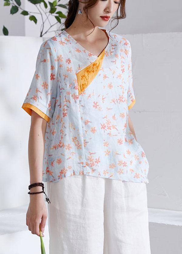Modern Orange V-neck Patchwork Print Summer Ramie Top