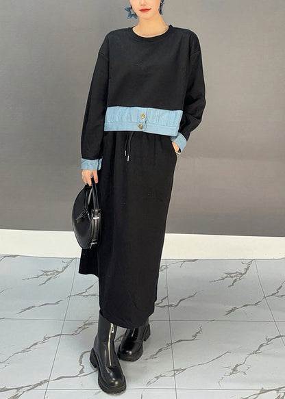 Black O-neck Denim Patchwork Pockets Maxi Dresses Spring