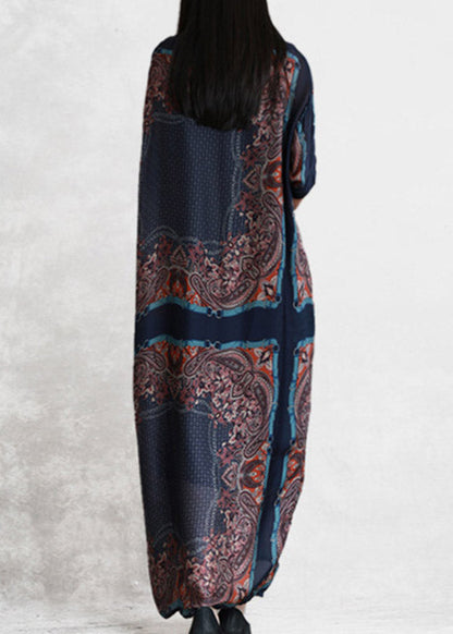 O-neck Print Patchwork Pockets Tie Waist Chiffon Dresses Short Sleeve