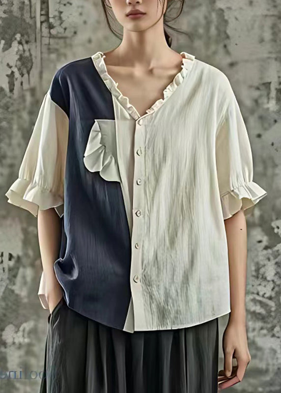 Blue Ruffled Patchwork Tops Short Sleeve