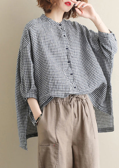 Stand Collar Buttton Low High Design Plaid Shirt Tops Half Sleeve
