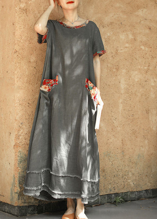Grey O-neck Pocket Patchwork Linen Ankle Dress Short Sleeve