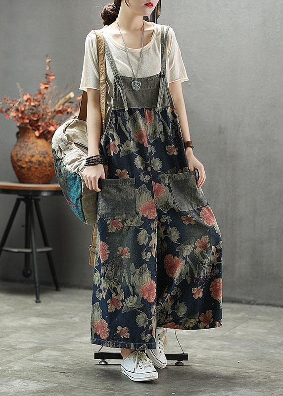 French Dark Color Print Patchwork Pockets Denim Outfits Rompers