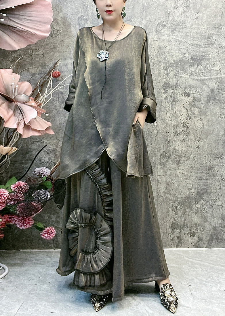 Asymmetrical Tops and Wide Leg Pants Silk Two Piece Suit Set Batwing Sleeve